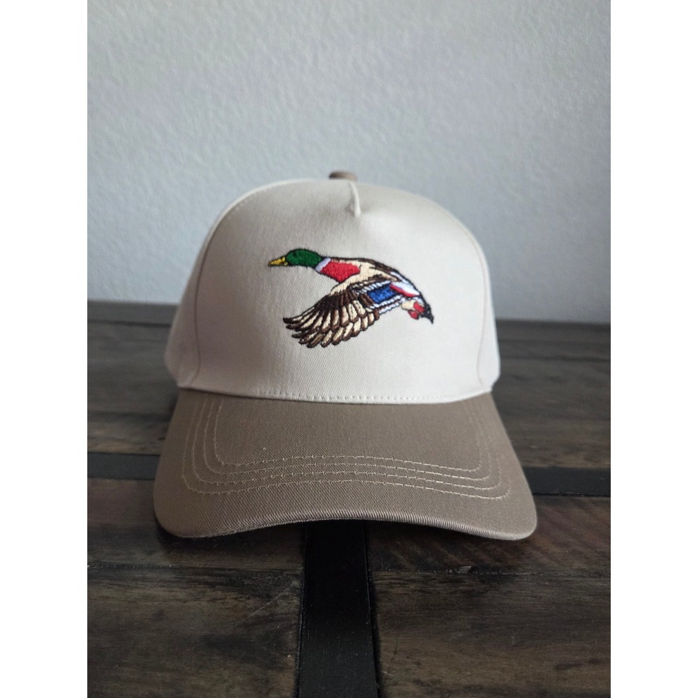 Embroidered Mallard Duck Flying Baseball Cap Two Tone Tan Cream Adjustable Hat